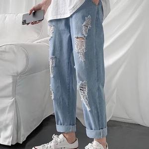 TEMU 남성용 여름 패션 캐주얼 루즈핏 찢청 스판 9부 데님 팬츠 중청 와이드 일자 청바지 RENJU 인어미남