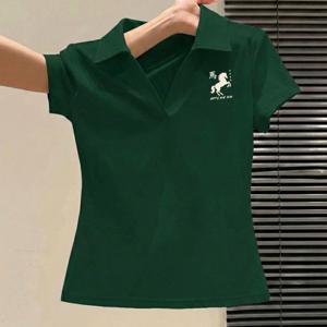 TEMU 새로운 여성용 폴로 셔츠, 말 패턴 프린트, 작은 V넥 및 반팔 디자인, 캐주얼 웨어 및 스타일리시한 핏에 적합