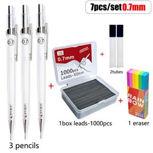 TEMU 집으로 오는 계절 선물 7pcs/세트 투명 자동 연필 세트 (대용량 연필심 1000개 0.5/0.7/0.9) 스케치 미술 페인팅 활동 연필 사무용품 (연필 3개 + 연필심 1개 상자 + 지우개 1개 + 연필심 튜브 2개)