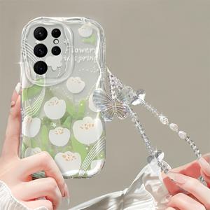TEMU 휴대폰 케이스 - 투명 화이트 꽃 그린 잎사귀 넥스트랩, 삼성 갤럭시 A14/A15/A16/A52/A53/A54/A55/A34/A35/A05S/A24/A25/S20Fe/S21/S22/S23/S24/S24Ultra/S24Fe/S24Plus/S25/S25Ultra 휴대폰 케이스에 적합