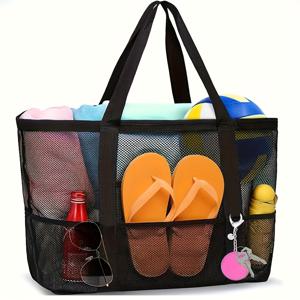 TEMU 대형 메시 비치 토트백, 9개의 포켓, 여행 및 수영 보관을 위한 접이식 디자인, 헬스장, 욕실 및 식료품 쇼핑에 적합한 튼튼한 폴리에스터 숄더백, 여행용 수납 가방 | 넉넉한 토트백 | 튼튼한 손잡이 구조