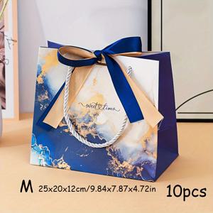 TEMU 10개 우아한 골든 블루 대리석 패턴 선물 포장 가방, 투톤 리본 포함 - 파티 선물, 공예, 쇼핑용 종이 토트백, 손잡이 포함, 럭셔리 선물 포장|세련된 리본 디자인|골든 블루 디자인, 선물 가방