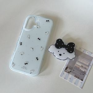 TEMU 휴대폰 케이스 - 라이트 블루 귀여운 흰색 플러시 물방울 무늬 보우 타이 강아지 + 흰색 플러시 강아지 접이식 스탠드, 16/15 Pro/14 Pro Max/13 호환