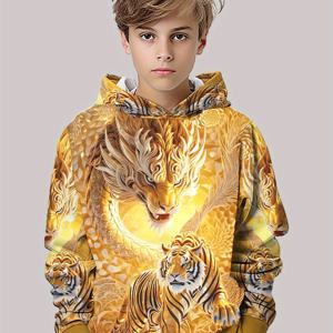 TEMU 드래곤과 호랑이 토템이 특징인 남아용 후드 스웨트셔츠, 긴팔 캐주얼 풀오버, 만화 스타일 패션, 트렌디하고 편안한 롱 디자인