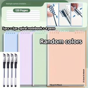TEMU 스파이럴 노트 1개와 펜 4개가 포함된 5종 세트입니다. 120페이지의 고품질 대학교 용지 60매로 구성되어 있으며, 쉽게 찢을 수 있도록 구멍이 있는 가장자리와 가로선으로 디자인되었습니다.