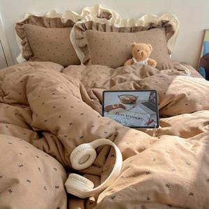 TEMU 4pcs 러플 시트 세트 침구 세트 초콜릿 레이스 세트 (평면 시트 1개, 이불 커버 1개, 케이스 2개 포함) - 부드럽고 피부 친화적인 세탁 가능한 폴리에스터, 세탁기 사용 가능, 이불 또는 속통 미포함