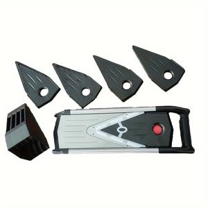 TEMU 주방 슬라이서, 스테인리스 스틸 재질, 감자, 양파 등 채소 슬라이싱을 위한 두께 조절 가능. 손 보호대가 특징이며, 슬라이싱 및 다지기 기능이 있는 다기능 도구로 요리하기에 편리합니다.