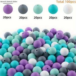 TEMU 보석 만들기용 실리콘 비즈 100개 세트, 클래식 컬러 5종 (9/12/15mm 라운드 루스 비즈), 키체인 및 팔찌 장식용