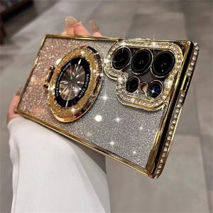 TEMU 갤럭시 S25 울트라/S24 울트라 호환 케이스 - 반짝이는 옴브레 디자인 & 내장 미러, 자석 스탠드 기능 포함, 트렌디한 여성용 폰 쉘 (S23/S22/A55/A35)