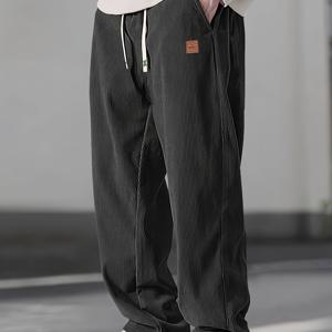 TEMU Men' Corduroy Pants Straight-Leg Casual Trousers with Label Detailing - Loose-Fit Cordorove Pants Suitable for Casual Attire, Machine Washable Comfortable Corduroy Trousers