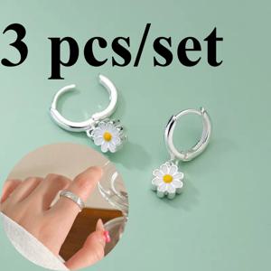 TEMU 여성 패션을 위한 달콤하고 신선한 데이지 귀걸이 3종 세트 + 인스타일 디자인, 심플 원형 라이트 럭셔리 링 - 신선한 식물 요소 테마 주얼리