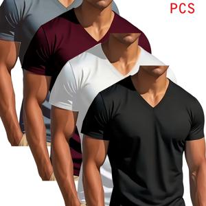 TEMU V넥 티셔츠 4종 혼합 세트, 생각보다 훨씬 편안함, 약간의 신축성, 테일러드 핏, 다용도 디자인, 남성용 반팔 티셔츠, 스포츠 탑, 속건성 운동 셔츠, 모던 컷, 캐주얼 스포츠웨어, 탄성 원단