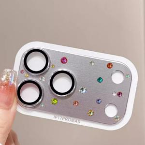 TEMU 아이폰 17 Pro Max용 고급스러운 스파클링 오렌지 라인스톤 3D 갑옷 강화 유리 카메라 렌즈 보호 필름, 메탈 강화 유리 후면 카메라 스크린 커버 특징.