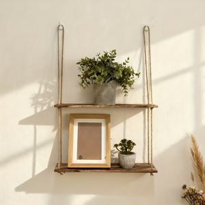 TEMU 로프 행거가 있는 나무 벽걸이형 이중 선반 - 러스틱 모던 팜하우스 선반, 욕실용 - 책, 장식품, 수건을 위한 공간 절약형 수납장, 설치형(조립 불필요), 벽걸이 선반