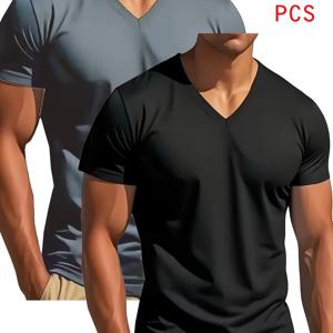 TEMU V넥 티셔츠 2매 혼합 세트, 훨씬 더 편안함을 느끼실 겁니다, 약간의 신축성, 슬림핏, 다용도 디자인, 남성용 반팔 티셔츠, 스웨트셔츠, 속건성 스포츠 탑, 모던 핏, 캐주얼 스포츠웨어, 스트레치 원단