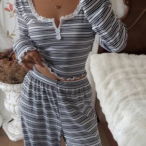 TEMU 가을 겨울 블랙 앤 화이트 프린트 긴팔 긴바지 편안한 잠옷 라운지웨어