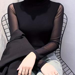 TEMU 메쉬 패널 장식의 우아한 하이넥 블ouses - 단색 신축성 있는 블랙 상의, 기계 세탁 가능, 레이어드, 사무실, 캐주얼 및 평상복용으로 적합