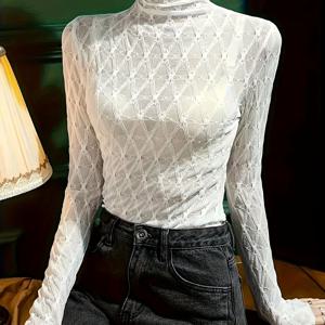 TEMU 여성용 우아한 레이스 터틀넥 티 - 긴 소매, 신축성 있는 폴리에스테르 혼방, 세탁기 사용 가능 - 봄 & 가을에 완벽함