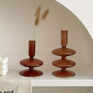 TEMU 빈티지 유리 촛대 컬러 북유럽 테이퍼 촛대 테이블, 침실, 결혼식 또는 책장용 수제 투명