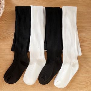 TEMU 여아용 흑백 세로 줄무늬 단색 레깅스/타이츠 4개 세트, 사계절 데일리웨어용. 사이즈가 작으니 사이즈 차트를 참고하여 한 사이즈 크게 주문하세요