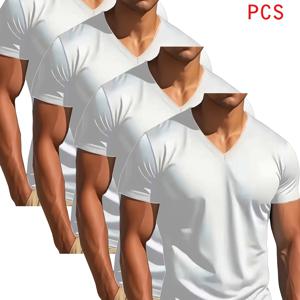 TEMU V넥 티셔츠 4개 세트, 상상보다 편안함, 약간의 신축성, 슬림핏, 활용도 높은 디자인, 남성용 반팔 티셔츠, 스웨트셔츠, 속건성 운동용 상의, 모던핏, 캐주얼 스포츠웨어, 스트레치 원단