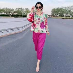 여성 꽃무늬 투피스 블라우스 바지 세트 봄 중년