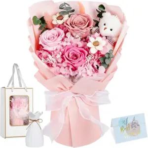 곰이 있는 보존 꽃다발 선물 상자가 영원한 오래 지속되는 장미 여성을 위한 기념일 생일 발렌타인 엄마