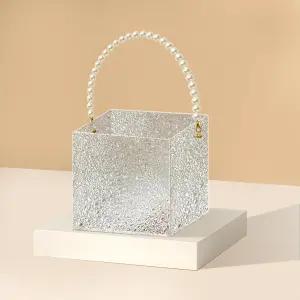 파데코 아크릴 웨딩 플라워 걸 바구니 투명 꽃잎 진주 손잡이 스톤 패턴 사각 홀더 홈 장식