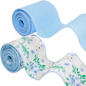 2 롤 10 야드 와이어 엣지 이스터 리본 2.5 인치 패브릭 버랩 트림 버니 버드 플로럴 프린트 화환 보우