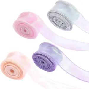 4롤 이리데센트 오르간자 리본 시어 4컬러 이스터 공예 장식 10야드 와이어 쉬폰 꽃다발 화환 결혼 선물