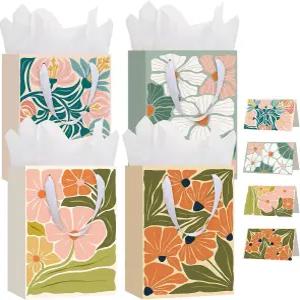 워릭 10.6인치 마티스 플라워 선물 가방과 휴지 부활절 생일 신부 샤워 결혼식 인사말 카드가 포함된 4가지