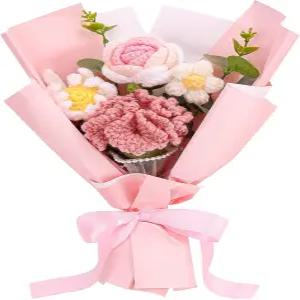 Omldggr 발렌타인데이 크리스마스 생일 결혼식 스승의 날을 위한 수제 니트 부케 핑크 크로셰 꽃 페이크