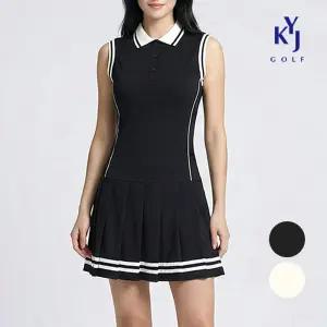 김영주골프 여름 플리츠 카라넥 스판 배색 여성 민소매 골프 원피스 DQMLOP25