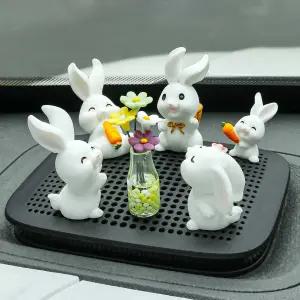 덱스포니 7종 미니 토끼 귀여운 자동차 인테리어 액세서리 데이지 꽃 미니어처 피규어 대시 장식 홈 오피스