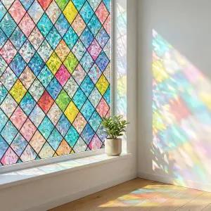 코바스 윈도우 프라이버시 필름 스테인드글라스 유리문 장식용 3D 레인보우 부착 컬러풀 격자 스티커 정적