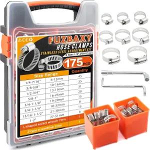 175Pcs 304 스테인리스 스틸 방청 웜 기어 호스 클램프 조절 가능한 모음 키트 자동차 배관 정원 연료 라인