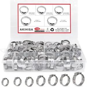 AKIHISA 100Pcs 5사이즈 싱글 이어 호스 클램프 21-28.6mm 304 스테인리스 스틸 펙스 크림프 링 키트 모음