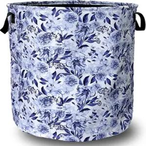 블루 플라워 플로럴 세탁 바구니 접이식 손잡이가 있는 아름다운 토트백 옥스포드 천 컬러 옷 보관 버킷