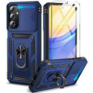 삼성 갤럭시 A15 5G 케이스용 BaHaHouse 화면 보호기 및 슬라이드 카메라 렌즈 커버, 360 회전 마그네틱 링 스탠드 충격 방지 보호 휴대폰 케이스 내장 (파란색)