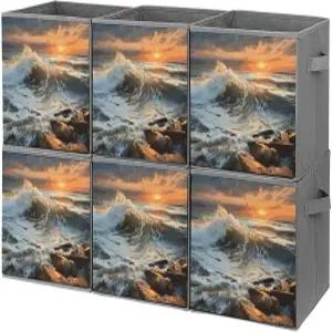 사무용 기본 접이식 수납 큐브 정리함 손잡이가 있는 논하이 6PCS 로키 웨이브 선셋 페인팅 대용량 옷장