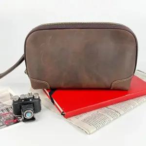 [다잇템]남자 심플 빈티지 가죽 브라운 지퍼 클러치백