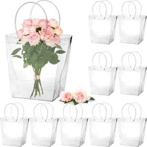 생일 어버이날 결혼식 기념일을 위한 SouJOY 10팩 클리어 플라워 부케 백 긴 손잡이가 달린 초대형 선물