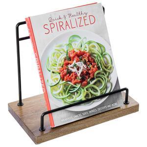 마이기프트 프리미엄 아카시아 우드와 매트 블랙 메탈 요리책 스탠드 u2013 러스틱 키친 조리대 책꽂이 레시피, 태블릿, 도마용