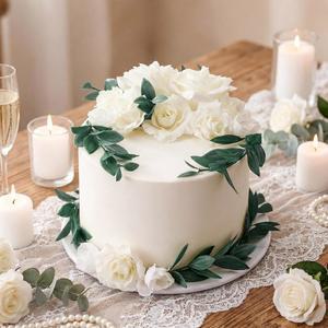 REMERRY 웨딩 유칼립투스 파티 화이트 15 로즈 장식 가짜 2CM 6인치 케이크