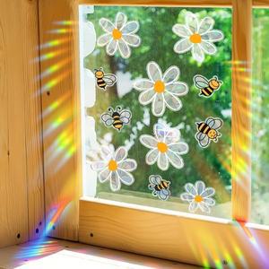다채로운 꿀벌과 흰 꽃이 있는 봄철 창문 장식 유리 스티커 정전기 부착 양면 시각 패턴