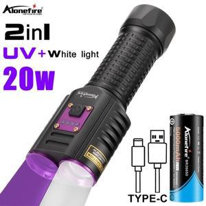 2in1 20W UV + 백색광 고전력 손전등 365nm USB 충전 블랙 라이트 돈 광석 애완 동물 얼룩 누출 마커 감지