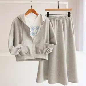 [잇수다] (SET) 젤비카 루즈핏 후드 집업 + 밴딩 롱 스커트 투피스 세트