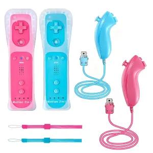 PaveRovi 2팩 모션 플러스 Wii 컨트롤러 Nunchucks 리모컨 내장 Wii/Wii U 콘솔 호환 (핑크+라이트 블루)
