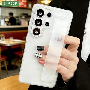 S26 울트라 실리콘 손목 스트랩 무광 폰 케이스 삼성 갤럭시 S25 S24 플러스 엣지 브라켓 투명 PC 하드 커