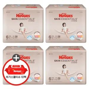 (사은 물티슈) 하기스 2025 스킨에센셜 팬티 6단계 (공용) 28매 4팩 (레드물티슈 10팩)